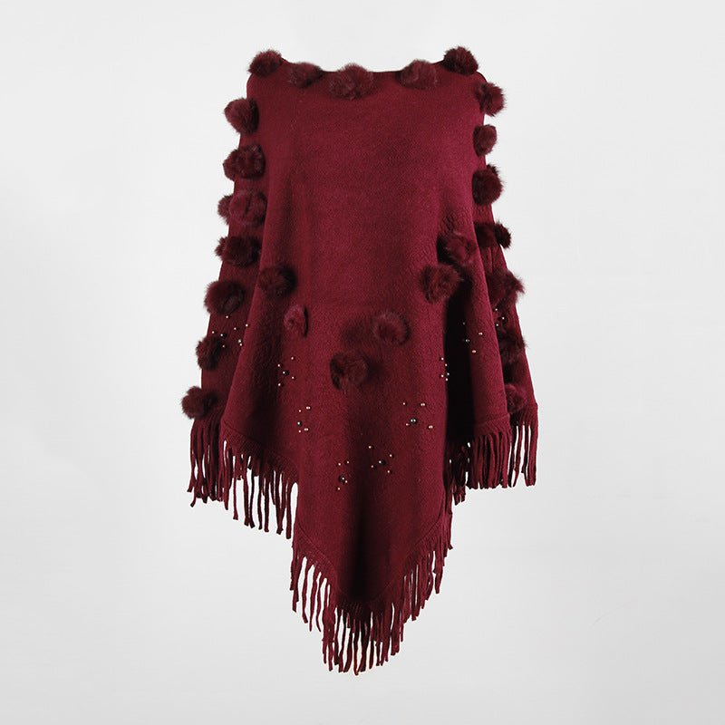 Tassel Fringed Pullover Bead Pompom Collar Sweater Cloak Shawl Cape