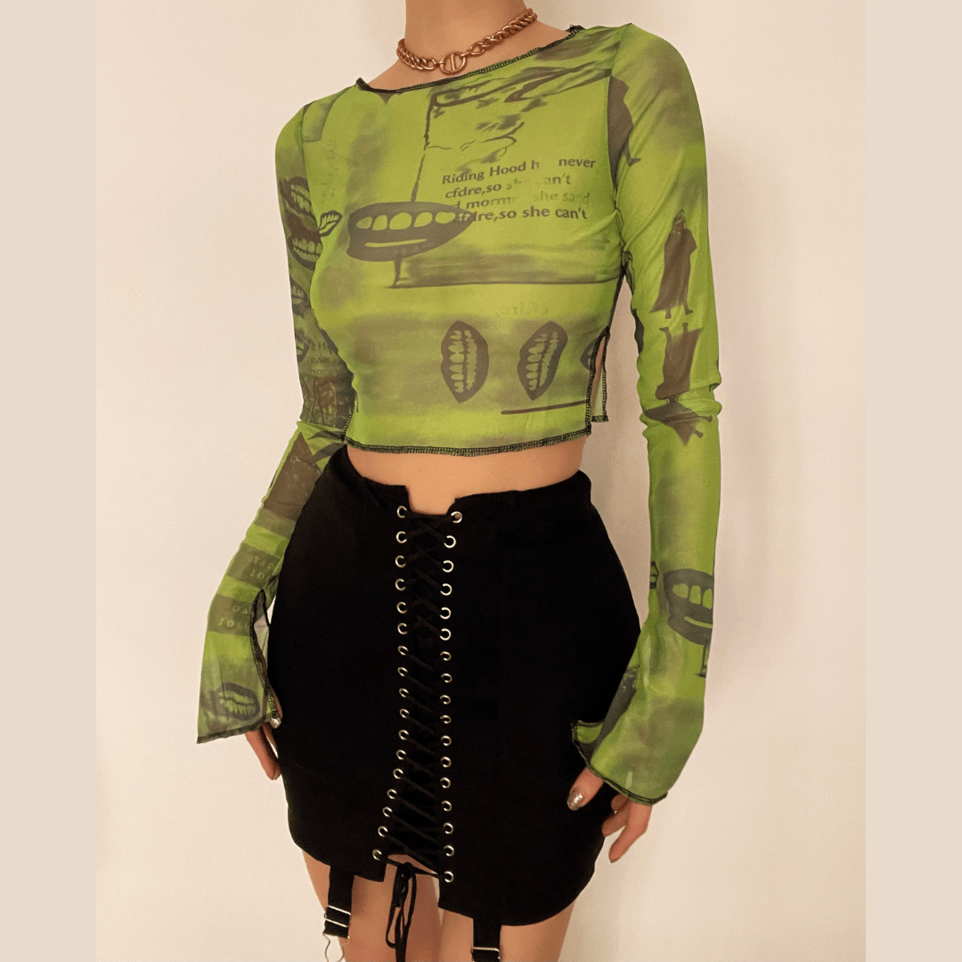 Print mesh see-through ruffled flared sleeve top