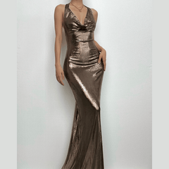 Metallic cowl neck ruched halter backless maxi dress