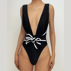 V neck sleeveless knotted contrast one piece swimwear