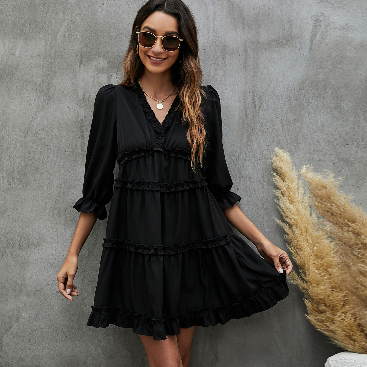 Solid Black and Ruffled V Neck Mini Dress