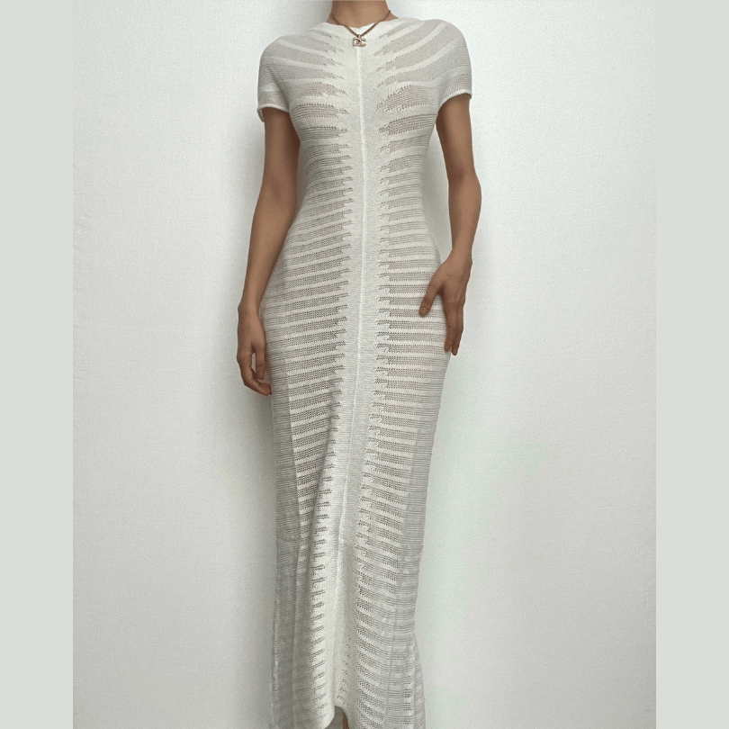 Crochet see through short sleeve button solid maxi dress – Suncoy