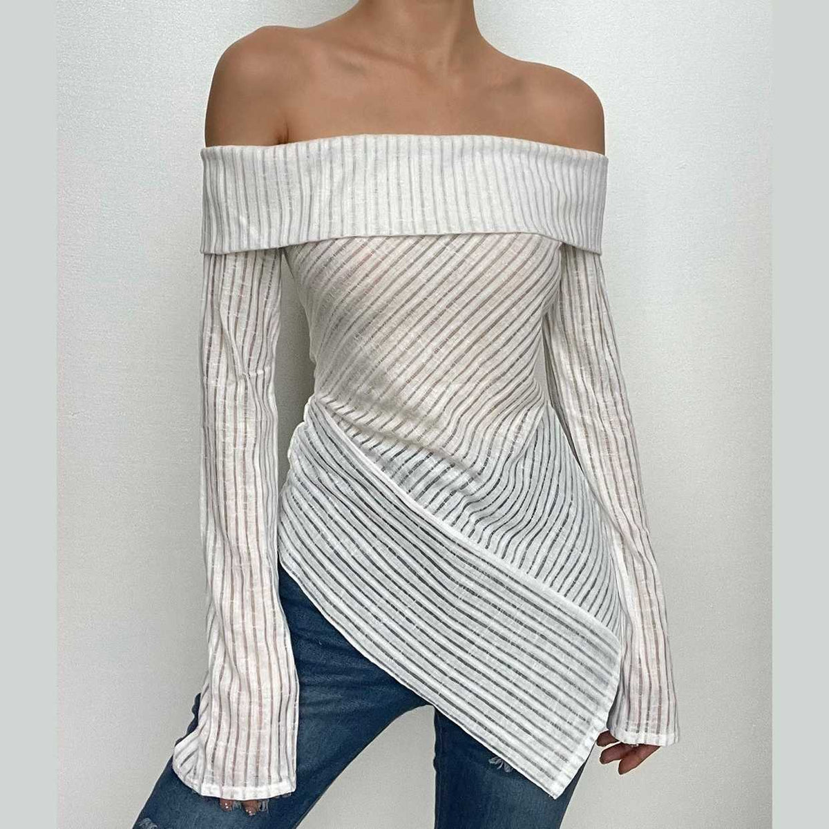 Off shoulder long sleeve textured irregular solid top