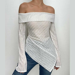 Off shoulder long sleeve textured irregular solid top