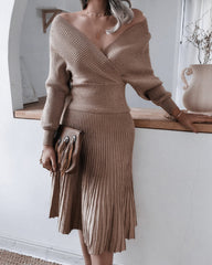 V-neck Irregular Hem Pleated Knit Sweater Midi Dresses Apricot