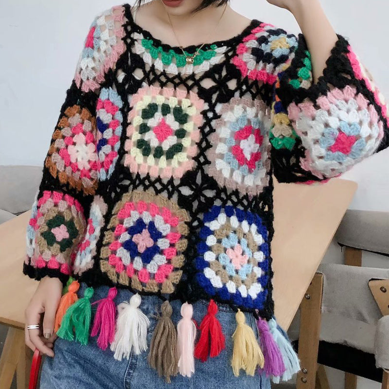 Women's Loose Colored Hollowed-out Tassel Sweater