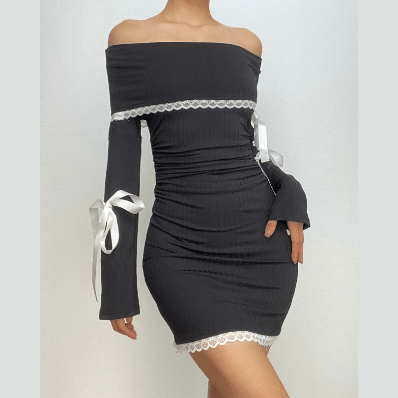 Off shoulder long sleeve lace hem bowknot mini dress