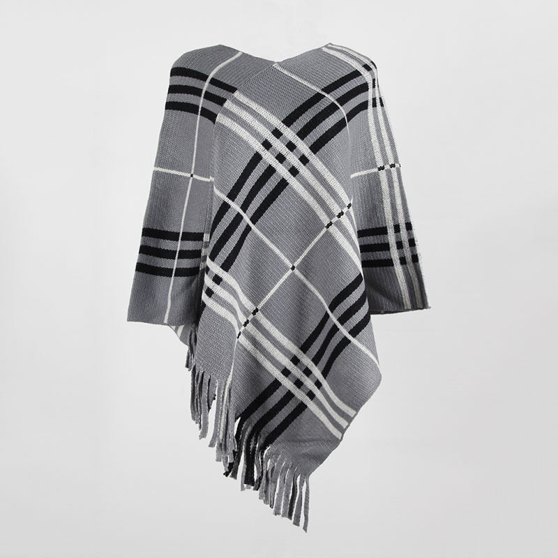 Tassel Fringed Pullover V-neck Diagonal Stripes Sweater Cloak Shawl Cape