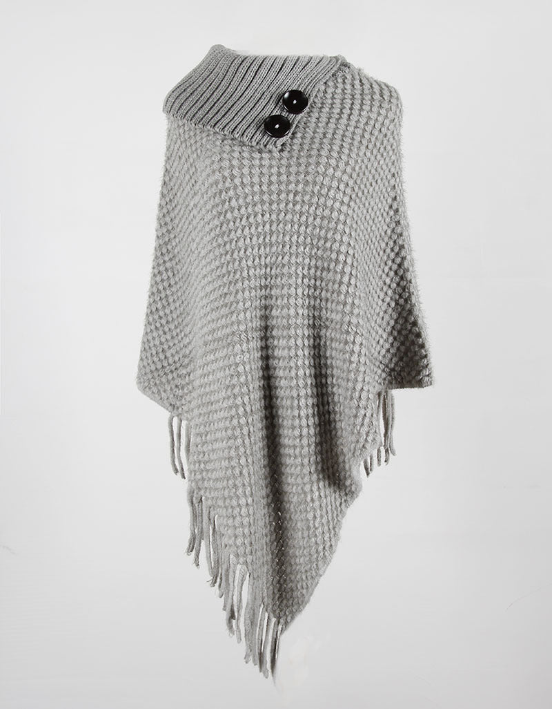 Tassel Fringed Cloak Shawl Button Collar Pullover Sweater Cape