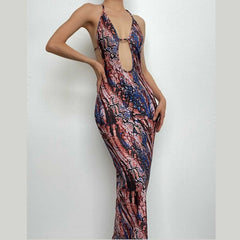 Backless hollow out halter self tie contrast print maxi dress