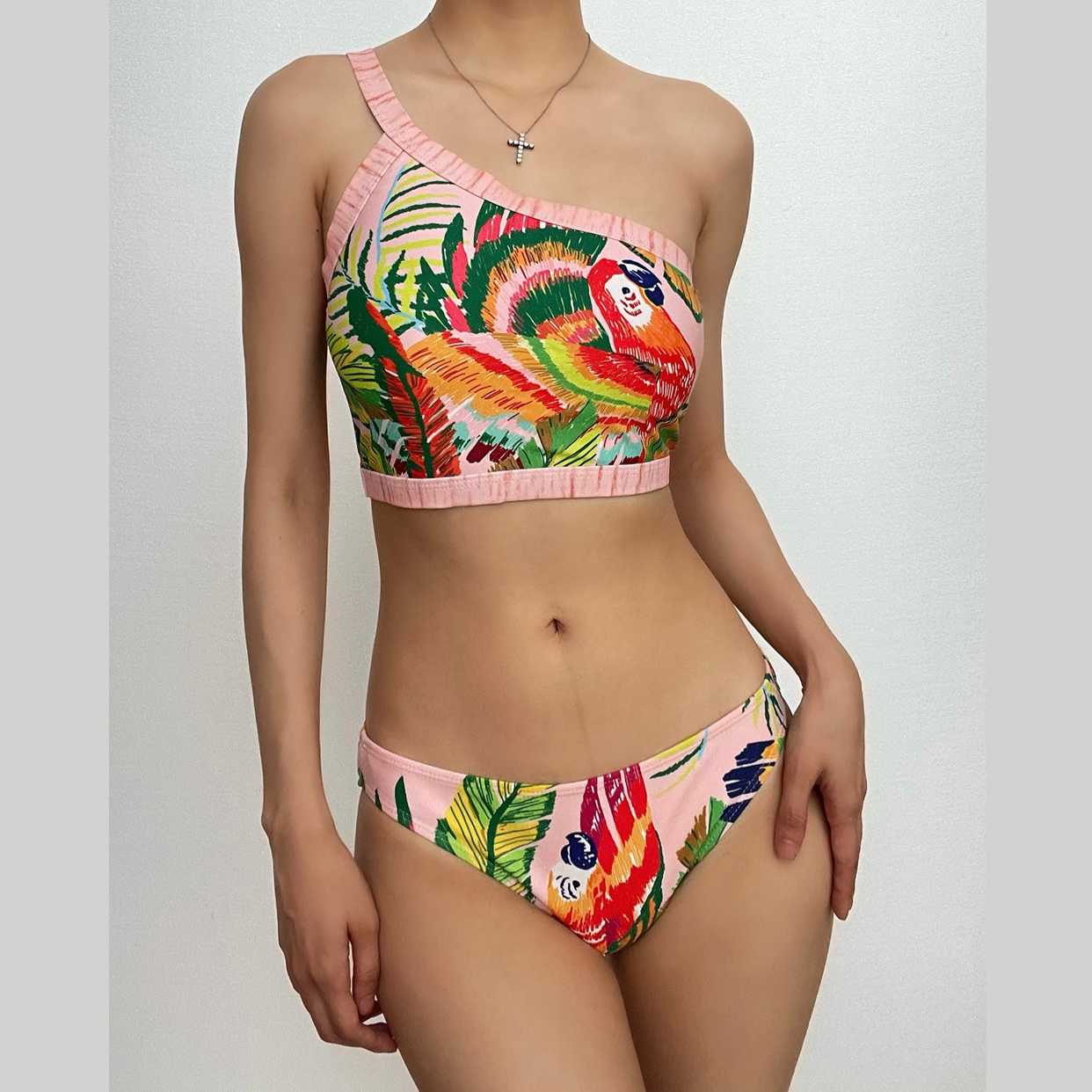 One shoulder leaf print backless contrast bikini swimwear