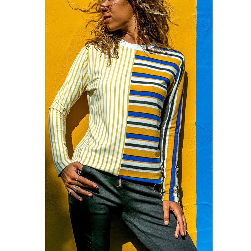 Women's Loose Round Neck Stripe Splicing Long Sleeve T-Shirt