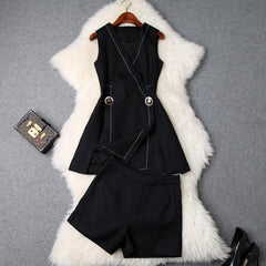 V-neck Suit Double Buckle Vest Shorts Blazers Two-piece Set