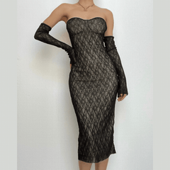 Lace gloves sweetheart neck backless tube midi dress