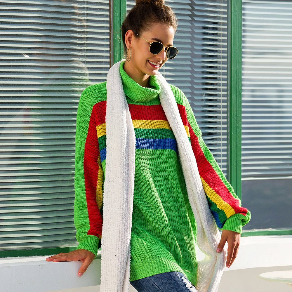 Women's High Collar Rainbow Stripes Knit Long Sweater