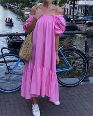 Square Collar Off Shoulder Puff Bubble Sleeve Party Maxi Dresses