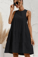Round Neck Solid Ruched Sleeveless Mini Dress