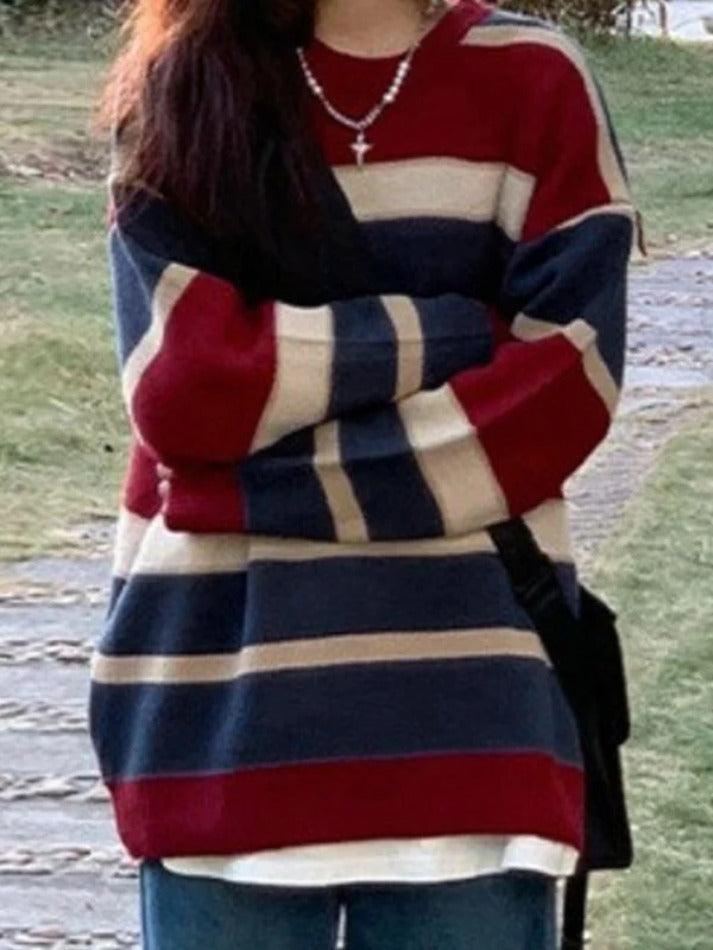 Contrast Color Stripe Splice Pullover Sweater