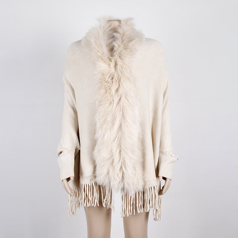 Tassel Fringed Cloak Shawl Fur Collar Sweater Cape Cardigans