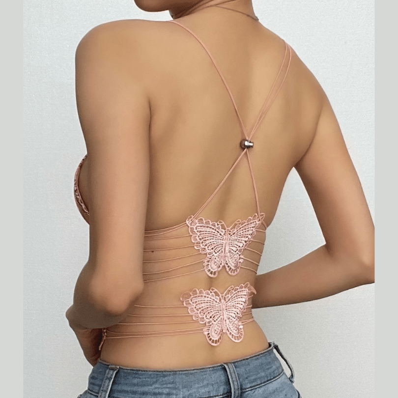 Butterfly applique backless v neck contrast print crop top