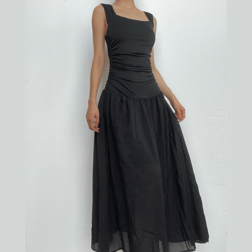 Square neck ruched backless cap sleeve solid maxi dress