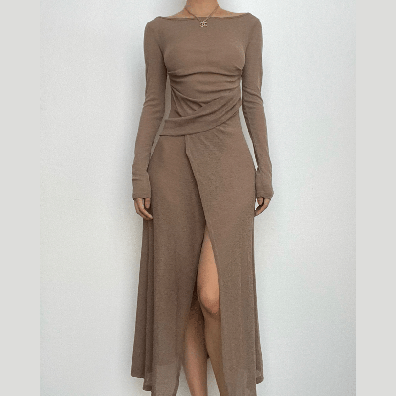 Off shoulder see through long sleeve irregular slit midi dress