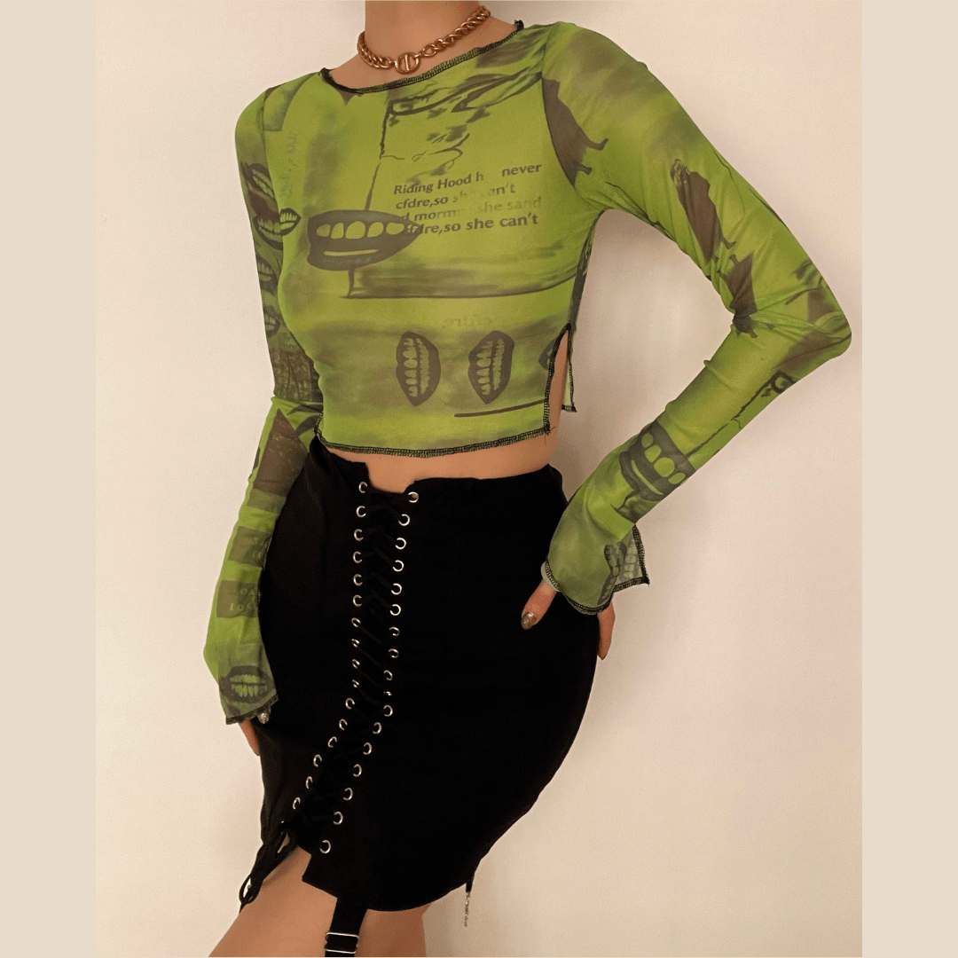 Print mesh see-through ruffled flared sleeve top