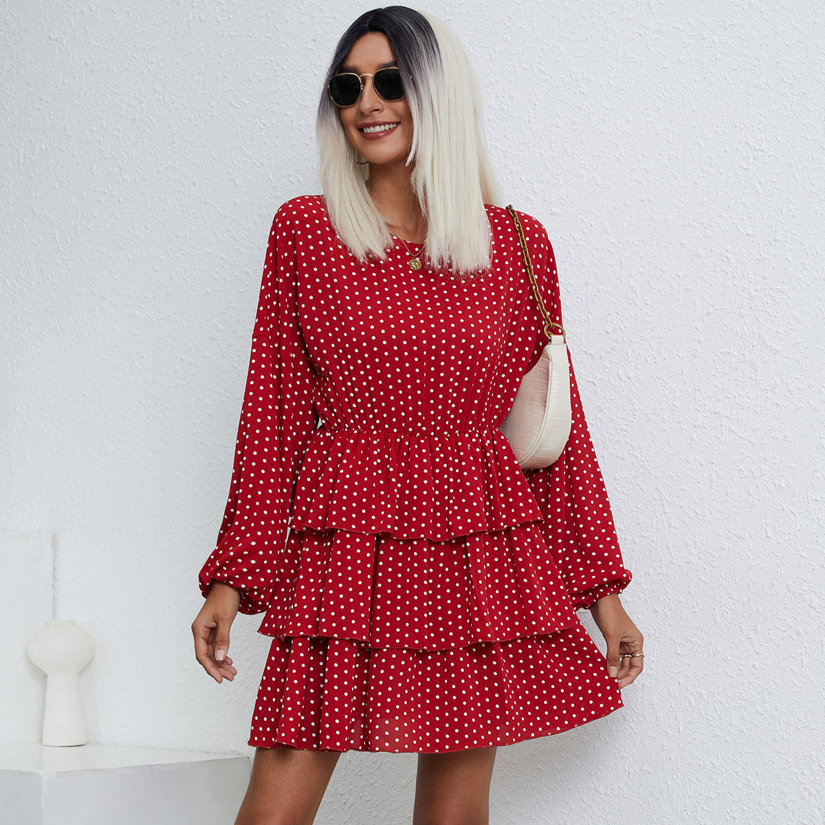 Long Sleeve Dots Print Layered Mini Dress