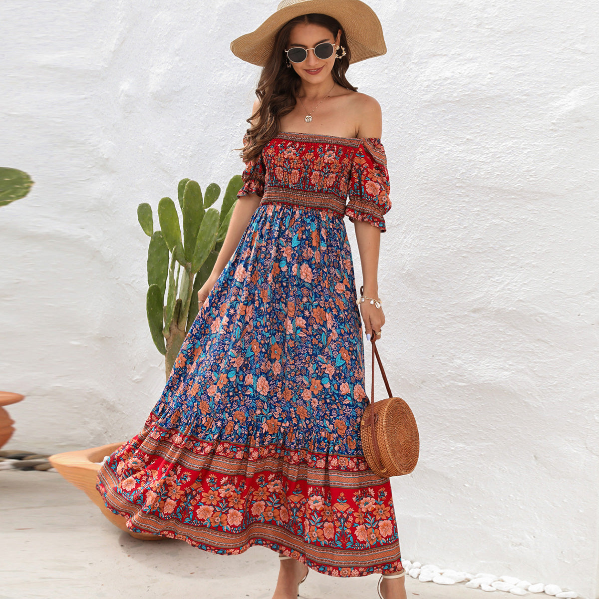 Bohemia Short Sleeve Smocked Maxi Dress