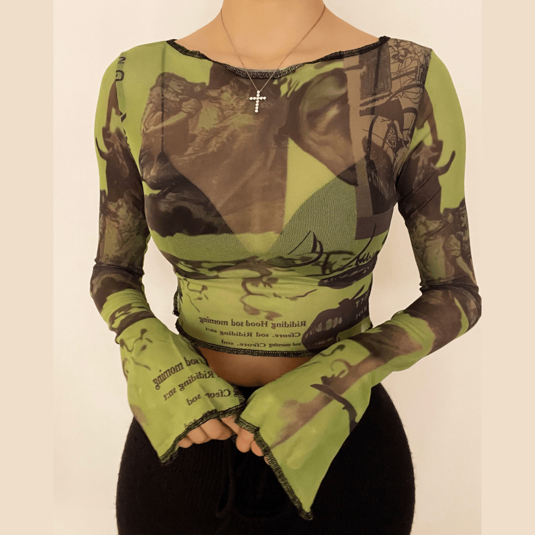 Print mesh see-through ruffled flared sleeve top