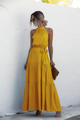 Yellow Wave Bohemian Boho Printed Hanging Neck Straps Maxi Dresses