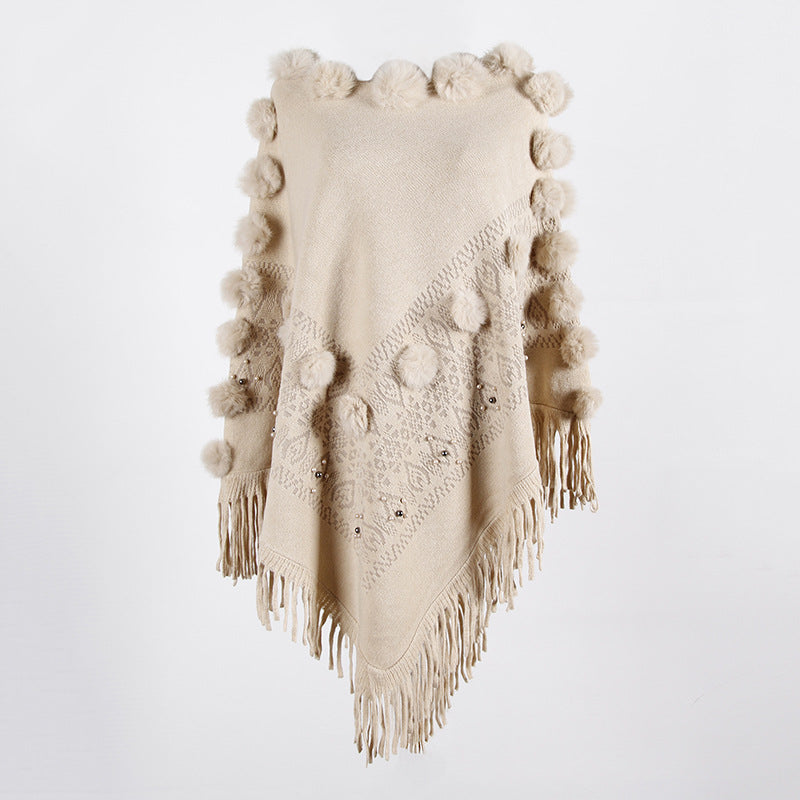 Tassel Fringed Pullover Bead Pompom Collar Sweater Cloak Shawl Cape