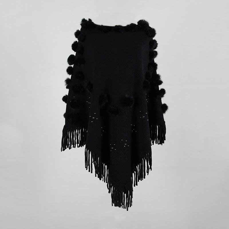 Tassel Fringed Pullover Bead Pompom Collar Sweater Cloak Shawl Cape