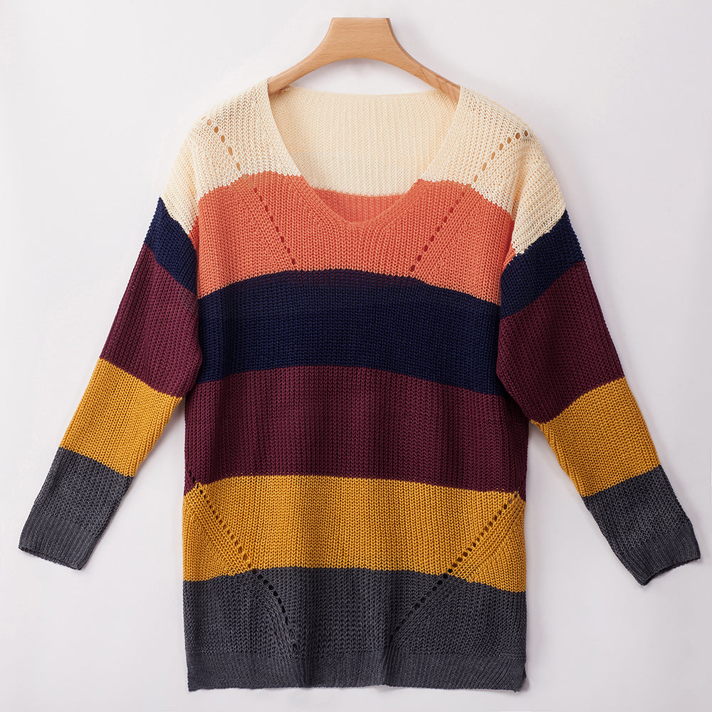 Women's Loose V-neck Rainbow Stripes Long Sweater