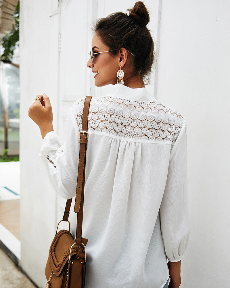 Women White V Neck Hollow Long Sleeve Shirt