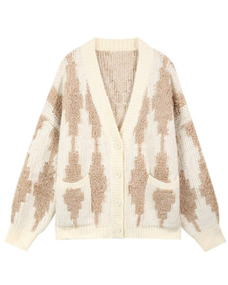 V-neck Single-breasted Contrast Color Argyle Pattern Cardigan Sweater