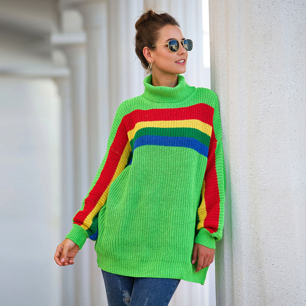 Women's High Collar Rainbow Stripes Knit Long Sweater