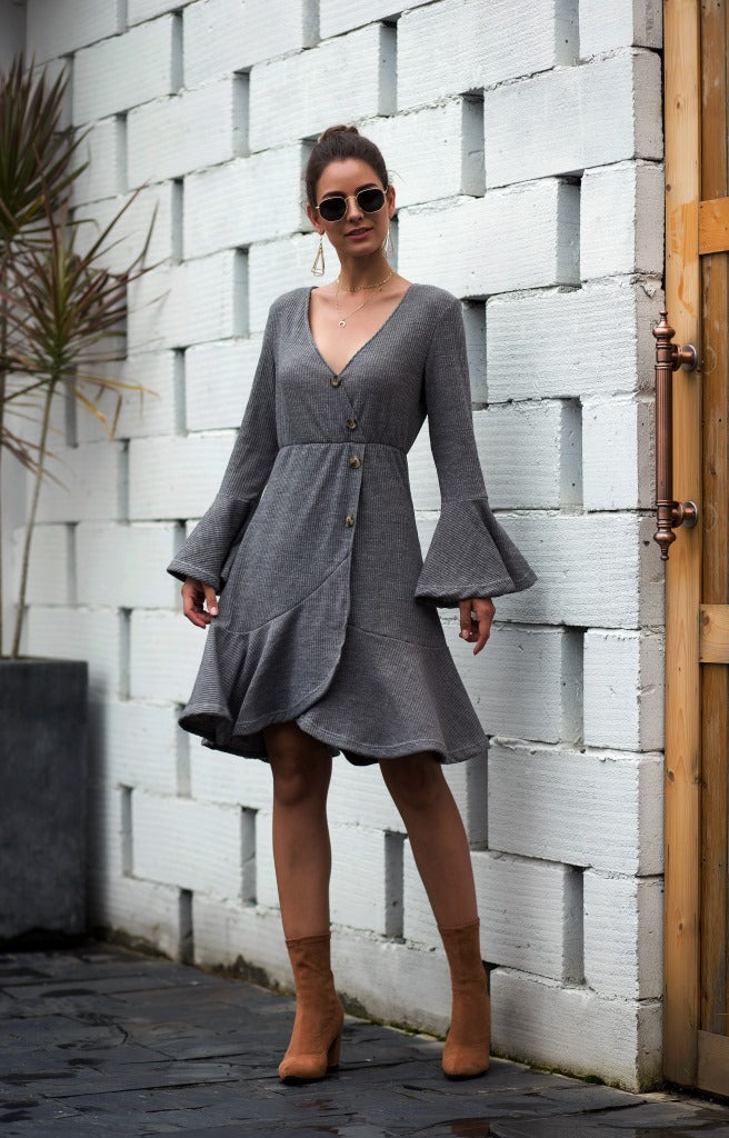 V-neck Ruffled Horn Sleeve Buttoned Knit Mini Dresses