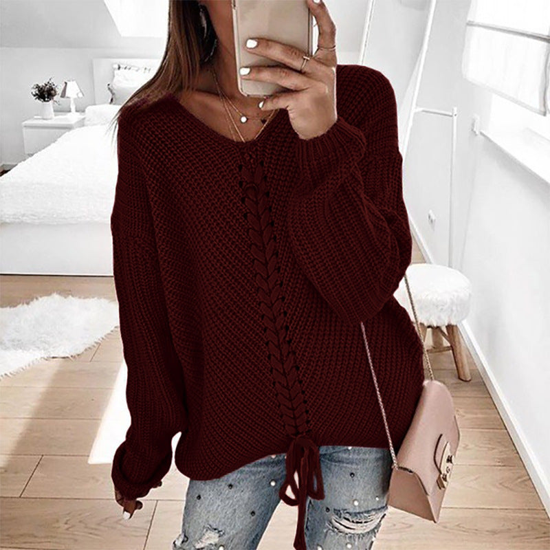 Women's Loose V-neck Stitching Sweater