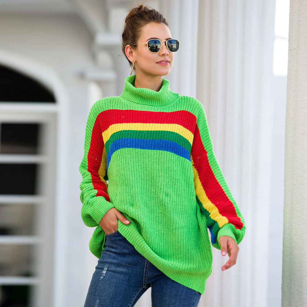 Women's High Collar Rainbow Stripes Knit Long Sweater