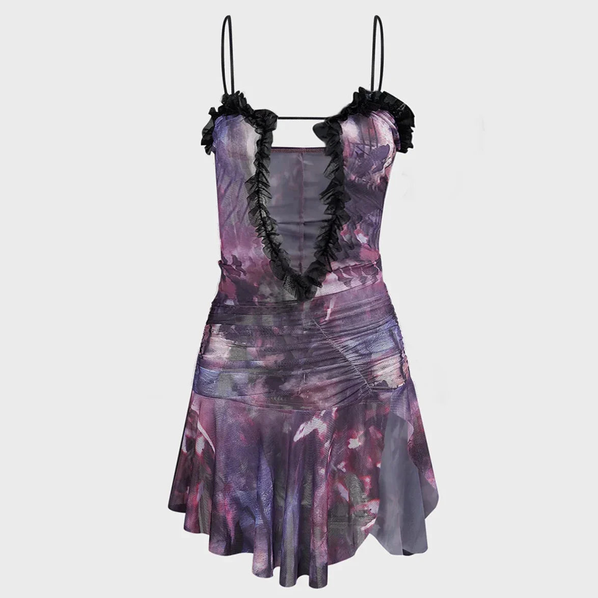 Ruched ruffle slit sheer mesh hollow out cami mini dress