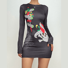 Abstract contrast long sleeve crewneck mini dress