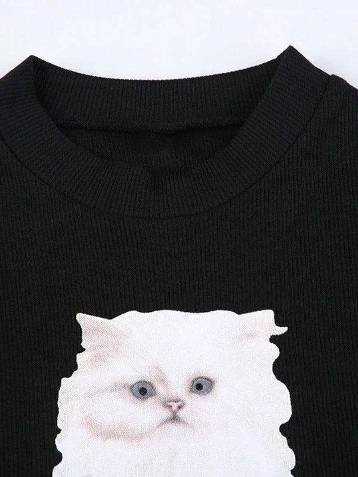 Kitty Print Plush Splice Cropped Long Sleeve Knit