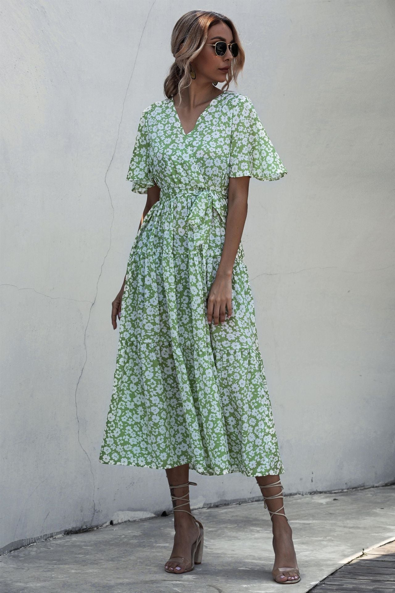 V-neck Belt Polka Dot Floral Maxi Dresses