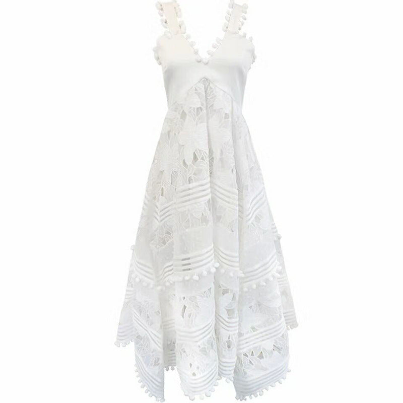 White Hollow Lace Embroidery Ball Tassel Stitching Irregular Strap Floral Maxi Dresses