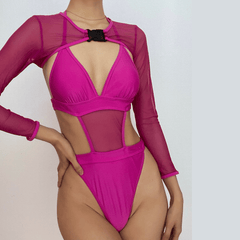 Solid mesh halter long sleeve self tie one piece swimwear with cover up