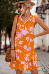 V Neck Floral Print Sleeveless Mini Dress