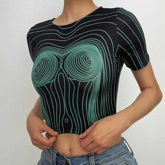 Short sleeve round neck contrast abstract print crop top