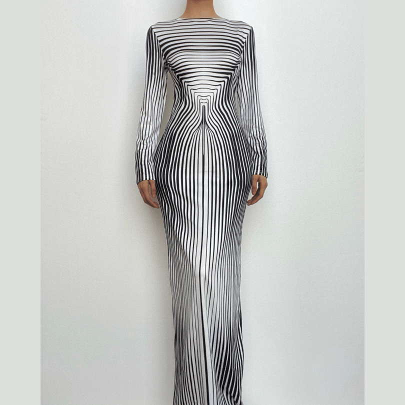 Striped long sleeve crewneck contrast maxi dress