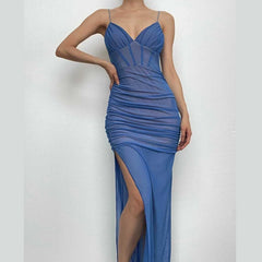 Mesh v neck ruched slit zip-up spaghetti strap maxi dress